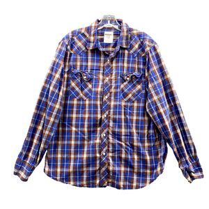 Fossil Shirt Large Blue Plaid 54 Vintage Fit Pearl Snap Western 90's Cotton Mens
